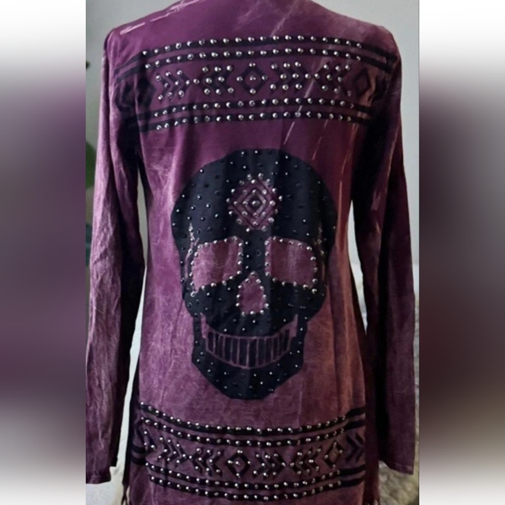 New VOCAL Womens CRYSTAL STUDDED BURGUNDY SKULL AZTEC CARDIGAN FRINGE Size L USA